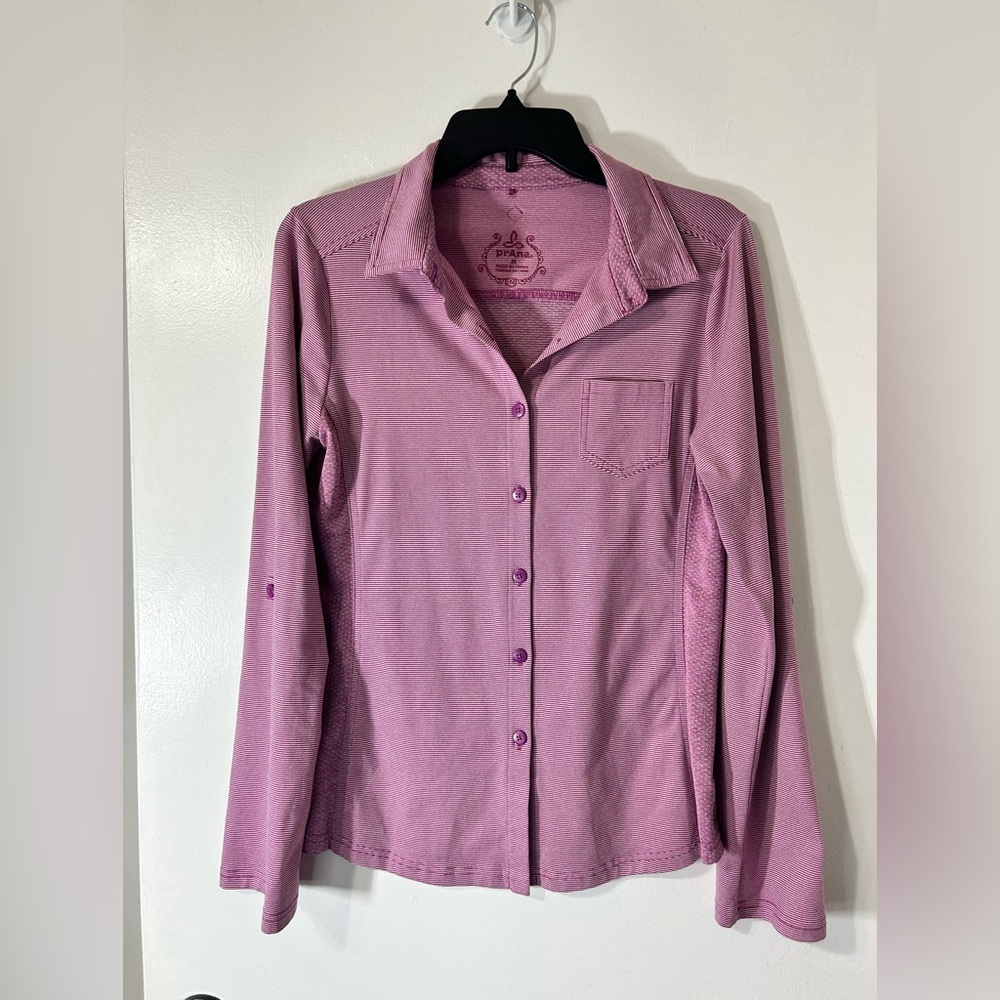 Prana Kinley in Vivid Viola Pinstripe Outdoor Shirt Top Long Sleeve Stretch Sz M - Picture 3 of 14